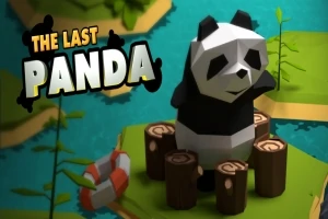 En polygonal panda står på træstubbe på en lille ø omgivet af vand, med teksten The Last Panda i baggrunden