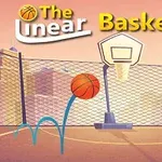 Basketballbane i en by med en bold i bevægelse mod en kurv og teksten The Linear Basketball øverst i billedet