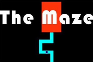 Teksten The Maze i hvid med en rød baggrund over et sort og blåt labyrintmønster på sort baggrund