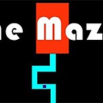 Teksten The Maze i hvid med en rød baggrund over et sort og blåt labyrintmønster på sort baggrund