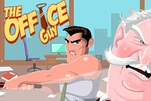 To mænd med intense udtryk, hvor den ene slår den anden på et kontor, med titlen The Office Guy i baggrunden