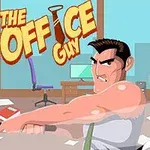 To mænd med intense udtryk, hvor den ene slår den anden på et kontor, med titlen The Office Guy i baggrunden