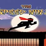 Silhuet af en ninja med en rød tørklæde, der løber på taget af en japansk bygning foran en fuldmåne, med ordene The Speed Ninja øverst