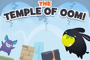 To tegneseriefigurer, en sort, der holder en gul frugt, og en lilla med blå ører, svæver omkring farverige blokke på en lyseblå baggrund med teksten THE TEMPLE OF OOM!