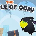 To tegneseriefigurer, en sort, der holder en gul frugt, og en lilla med blå ører, svæver omkring farverige blokke på en lyseblå baggrund med teksten THE TEMPLE OF OOM!