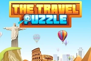 Illustration af ikoniske monumenter som Kristus-statuen og Colosseum med luftballoner i en blå himmel samt teksten The Travel Puzzle