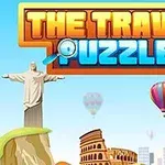 Illustration af ikoniske monumenter som Kristus-statuen og Colosseum med luftballoner i en blå himmel samt teksten The Travel Puzzle
