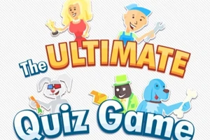 Farverige illustrationer af mennesker og dyr med værktøj og titlen The Ultimate Quiz Game