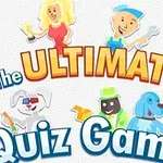 Farverige illustrationer af mennesker og dyr med værktøj og titlen The Ultimate Quiz Game