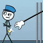 En stregtegnet figur i uniform står med en nøgle, mens en lang arm strækker sig ud fra tremmerne bagved