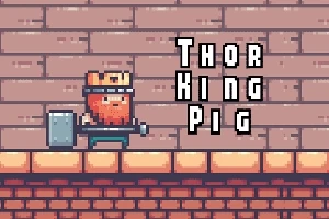 En pikselkunstfigur med rød skæg og krone, der bærer en hammer, står foran murstensvæg med teksten Thor King Pig til højre