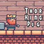 En pikselkunstfigur med rød skæg og krone, der bærer en hammer, står foran murstensvæg med teksten Thor King Pig til højre
