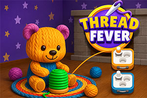 Strikket orange bamse med garnnøgler, farverig måtte og THREAD FEVER-logo på lilla baggrund