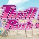 Stor lyserød tekst med ordene Thrill Rush 5 foran en baggrund med en trappe, himmel og en forlystelsespark