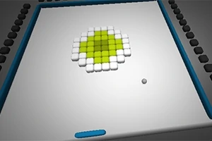 En hvid og grøn pixelmosaik i midten af en grå ramme med en lille bold og en blå platform nederst