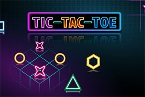 Neonfarvede geometriske former og ordet TIC-TAC-TOE mod en sort baggrund
