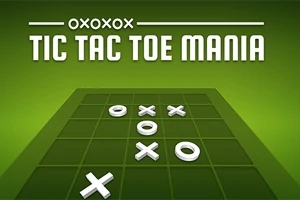 Grøn baggrund med et gitter og Xer og Oer placeret langs teksten Tic Tac Toe Mania