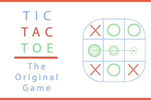 Tekst med farverige bogstaver der staver Tic Tac Toe ved siden af et kryds og bolle-spilbord med forskellige symboler