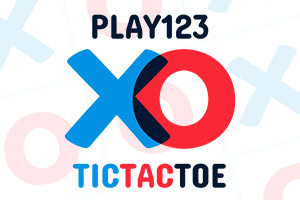 Logo med teksten PLAY123 og TICTACTOE samt et stort blåt X og en rød O på hvid baggrund