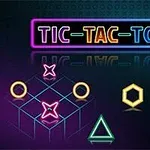 Neonfarvede geometriske former og ordet TIC-TAC-TOE mod en sort baggrund