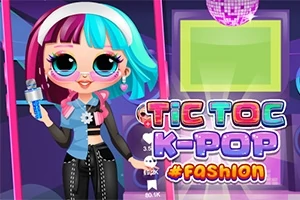 En tegneseriefigur med farverigt hår og solbriller holder en mikrofon foran en farverig baggrund med teksten Tic Toc K-Pop #Fashion