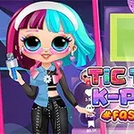 En tegneseriefigur med farverigt hår og solbriller holder en mikrofon foran en farverig baggrund med teksten Tic Toc K-Pop #Fashion