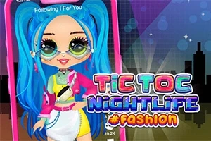 Illustration af en tegneseriefigur med blåt hår og farverig tøjstil foran en bysilhuet med teksten Tic Toc Nightlife #Fashion i neonlys
