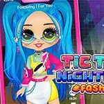 Illustration af en tegneseriefigur med blåt hår og farverig tøjstil foran en bysilhuet med teksten Tic Toc Nightlife #Fashion i neonlys