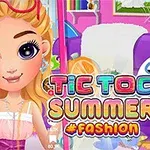 Tegneseriefigur med langt blondt hår og store øjne, omgivet af farverige sommerlige symboler og teksten Tic Toc Summer #Fashion