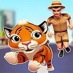 En tegneserietiger er på flugt ned ad en byvej med en mand i safari-tøj, der følger efter