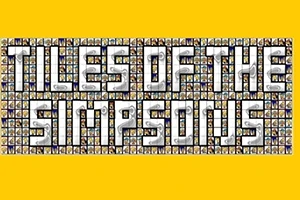 Stor tekst på en gul baggrund med ordene Tiles of the Simpsons dannet af mosaikfliser med små karakterbilleder
