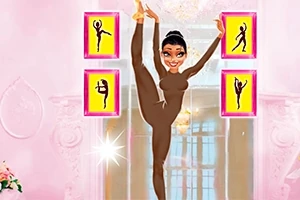 En illustration af en danser i brun dragt med benet løftet op, omgivet af fire silhuetbilleder på en lyserød væg