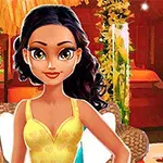 En tegneseriefigur med sort hår og gul bluse sidder i en hyggelig og farverig stue med makeup-produkter på hylder i baggrunden