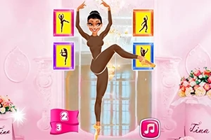 En tegneserie-ballerina iført en brun dragt udfører en balletpositur foran et stiliseret baggrund med farvede firkanter