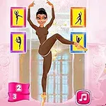 En tegneserie-ballerina iført en brun dragt udfører en balletpositur foran et stiliseret baggrund med farvede firkanter
