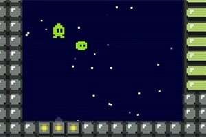 To grønne, pixelerede figurer på en mørk stjernehimmel omgivet af en grå murstruktur