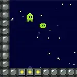 To grønne, pixelerede figurer på en mørk stjernehimmel omgivet af en grå murstruktur