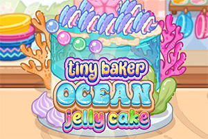 Farverig tegneseriekage med havtema, gelépynt, muslingelignende dekorationer og teksten tiny baker ocean jelly cake
