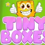 Et smilende, orange ansigt med to tommelfingre op over teksten Tiny Boxes i store, lyserøde bogstaver på en grøn baggrund