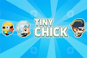 Tegneseriefigurer og teksten TINY CHICK på en blå strålebagrund