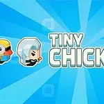 Tegneseriefigurer og teksten TINY CHICK på en blå strålebagrund