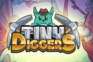 Tegneserieagtig grøn karakter med hat og to hakker, omgivet af farverige træer, med teksten Tiny Diggers