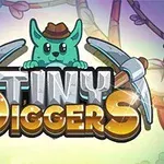 Tegneserieagtig grøn karakter med hat og to hakker, omgivet af farverige træer, med teksten Tiny Diggers