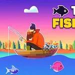 En mand med skæg og hue fisker fra en båd i en tegneserie-stil, omgivet af farverige fisk og en redningskrans i vandet, med en farverig skov i baggrunden