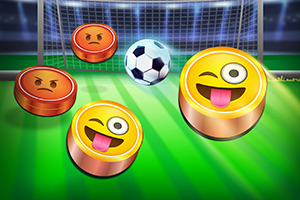 Emoji-skiver med forskellige ansigtsudtryk og en fodbold foran et mål på en grøn bane