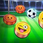Emoji-skiver med forskellige ansigtsudtryk og en fodbold foran et mål på en grøn bane