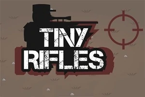 Silhuet af en soldat med en riffel, en sigtekorn og teksten TINY RIFLES i midten af billedet