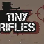 Silhuet af en soldat med en riffel, en sigtekorn og teksten TINY RIFLES i midten af billedet