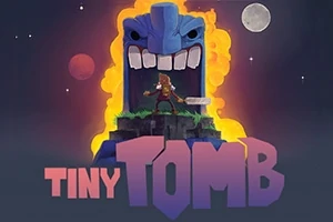 En farverig illustration med en stor, åbenblå stenansigt med et lille karakter på en klippe platform foran, omgivet af en glødende orange aura og titlen Tiny Tomb nederst i billedet