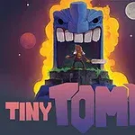 En farverig illustration med en stor, åbenblå stenansigt med et lille karakter på en klippe platform foran, omgivet af en glødende orange aura og titlen Tiny Tomb nederst i billedet